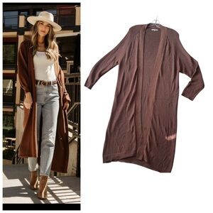 Oak + Fort Knit Long Open Cardigan Sweater Oversized Duster Shawl Ribbed Trim S